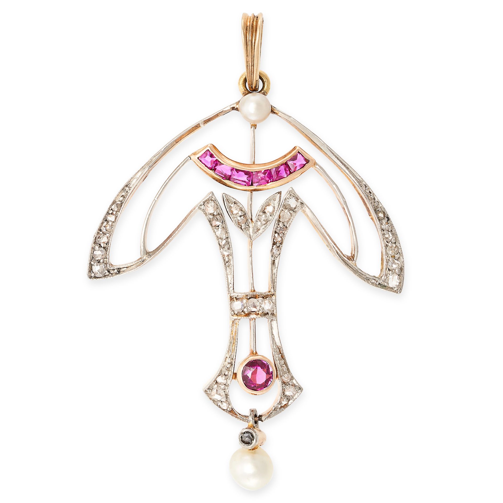 AN ART NOUVEAU RUBY, PEARL AND DIAMOND PENDANT in yellow gold and silver, the stylised body set with