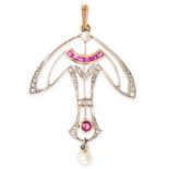 AN ART NOUVEAU RUBY, PEARL AND DIAMOND PENDANT in yellow gold and silver, the stylised body set with