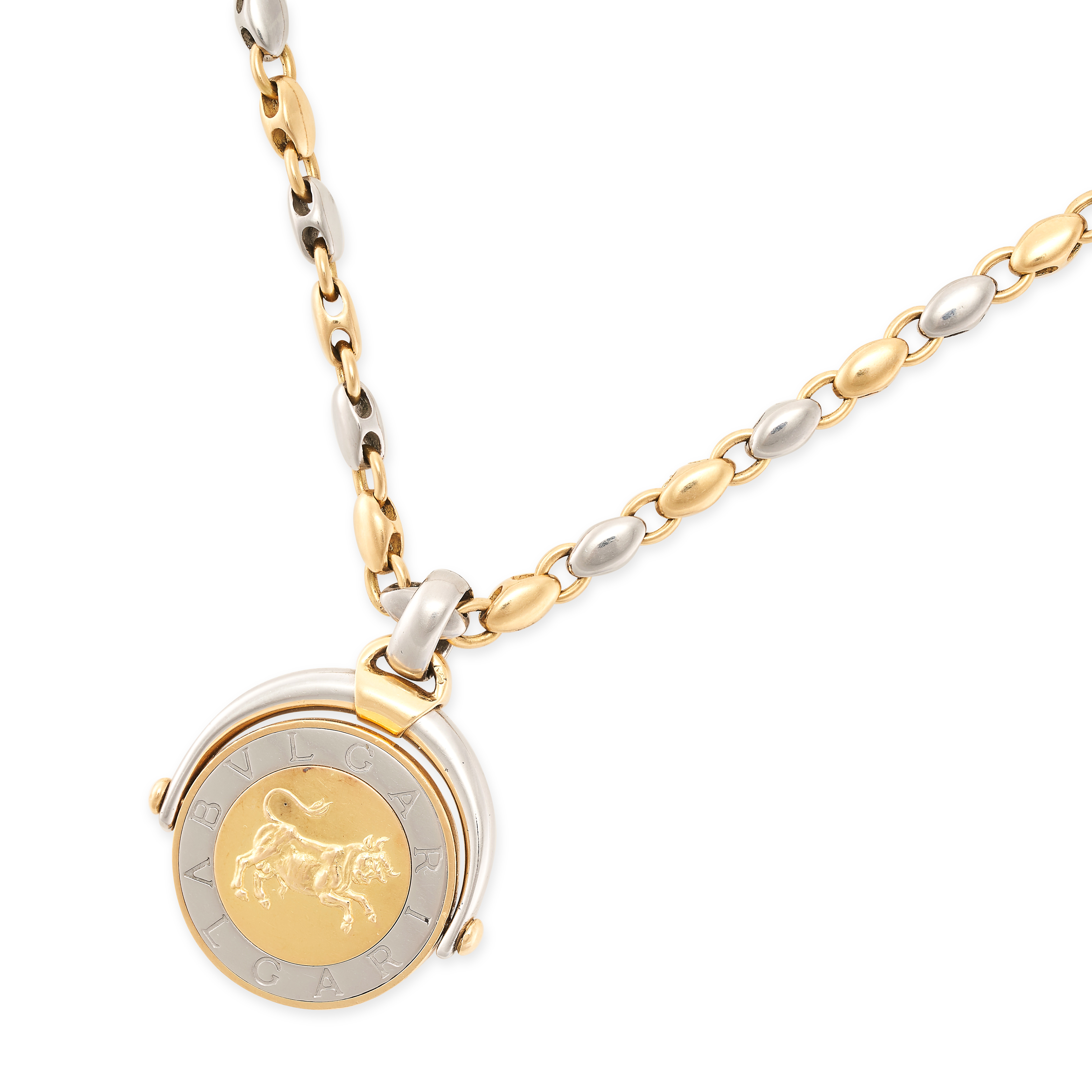 BVLGARI, A TAURUS ZODIAC COIN PENDANT NECKLACE in 18ct yellow gold and steel, comprising a
