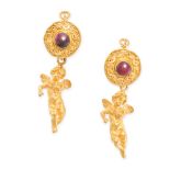 A PAIR OF ANTIQUE GARNET CHERUB EARRINGS in high carat yellow gold, depicting cherubs, suspended