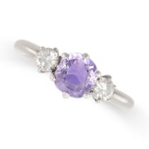 A CEYLON NO HEAT PURPLE SAPPHIRE AND DIAMOND RING in 18ct white gold, set with a cushion cut