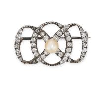 AN ANTIQUE PEARL AND DIAMOND BROOCH in yellow gold and silver, designed as a bow, set with a pearl