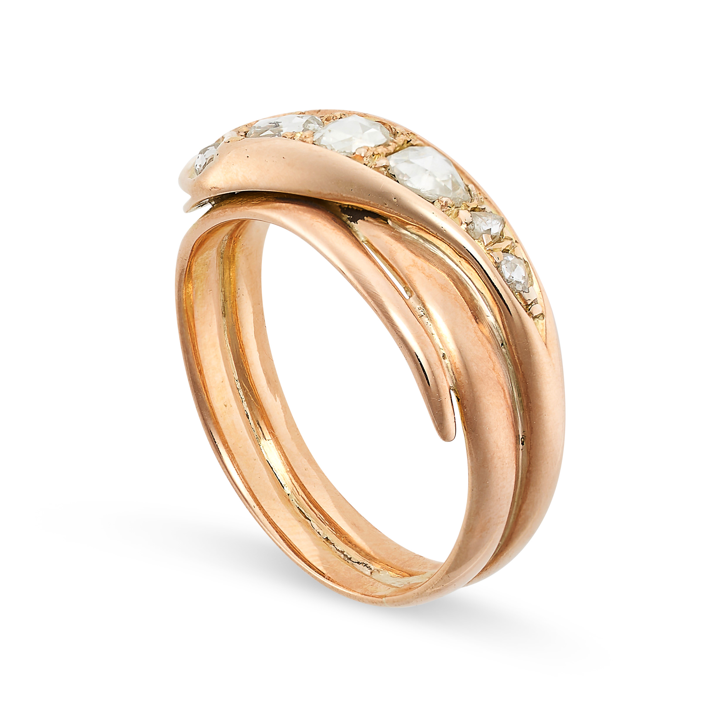 AN ANTIQUE DIAMOND SNAKE RING in yellow gold, in a coiled design set with graduating rose cut - Image 2 of 2