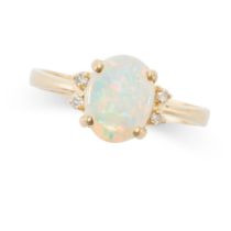 AN OPAL AND DIAMOND RING in 14ct yellow gold, set with a cabochon opal accented by round cut