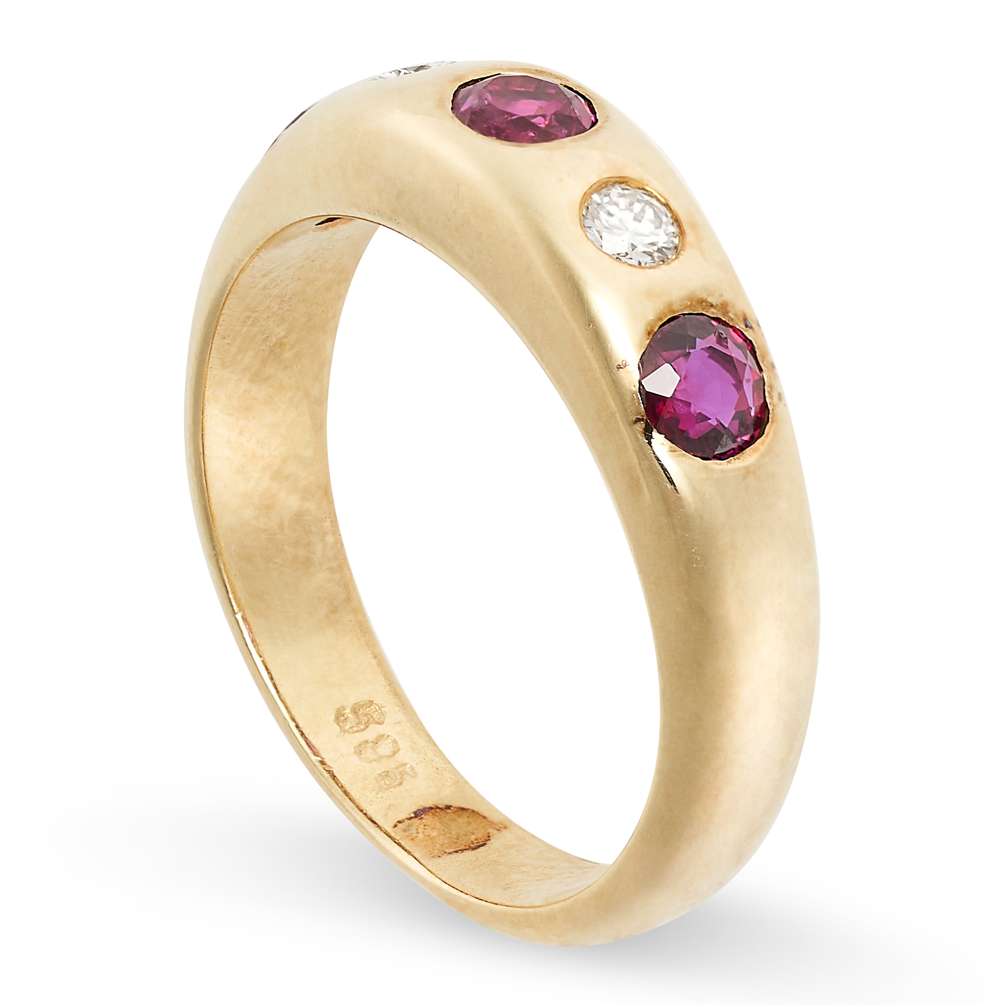 A VINTAGE RUBY AND DIAMOND GYPSY RING in 14ct yellow gold, set with three round cut rubies and two - Image 2 of 2