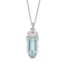 AN AQUAMARINE AND DIAMOND PENDANT in platinum, set with a step cut aquamarine of 10.77 carats,