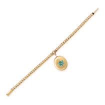 AN ANTIQUE TURQUOISE AND DIAMOND MOURNING LOCKET BRACELET, 19TH CENTURY in yellow gold, comprising a