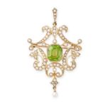 AN ANTIQUE EDWARDIAN PERIDOT AND PEARL BROOCH / PENDANT in 15ct yellow gold, set with an octagonal
