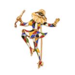 AN ENAMEL HARLEQUIN JESTER BROOCH designed as a jester in a black mask and scalloped collar, in a