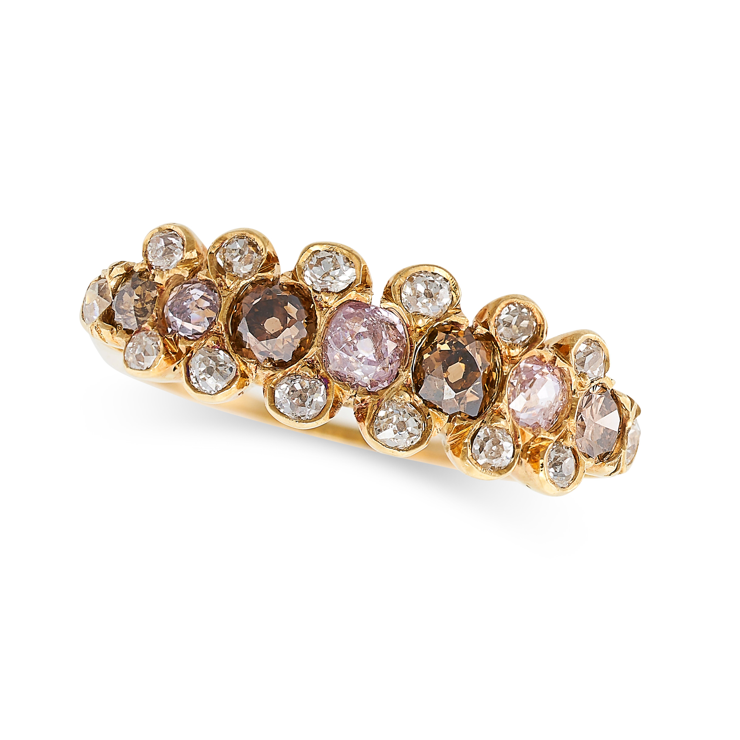 A PINK AND BROWN DIAMOND HALF ETERNITY RING in yellow gold, set with a row of alternating pink and