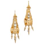A PAIR OF ANTIQUE AQUAMARINE DROP EARRINGS, 19TH CENTURY in yellow gold, the scrolling bodies with