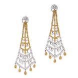 A PAIR OF YELLOW AND WHITE DIAMOND DROP EARRINGS in 18ct gold, each comprising a cluster of round