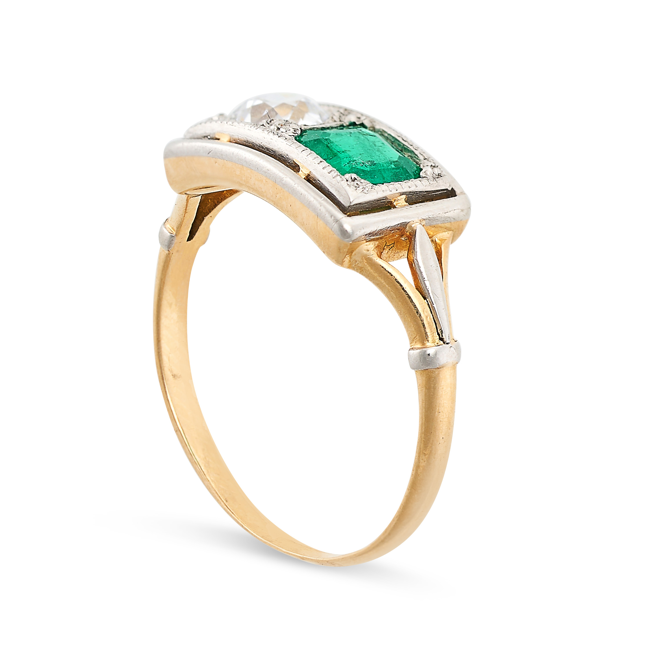 AN ART DECO EMERALD AND DIAMOND RING in yellow gold and platinum, set with a step cut emerald of 0. - Image 2 of 2