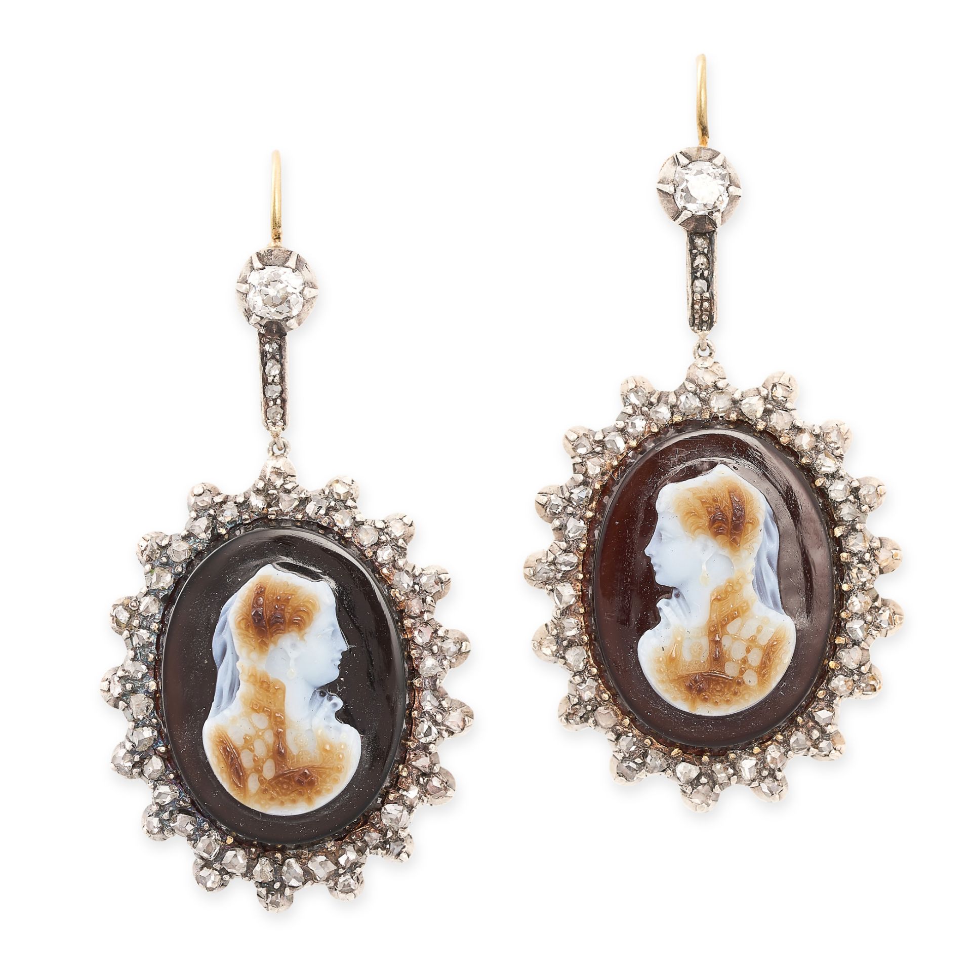 A PAIR OF ANTIQUE CAMEO AND DIAMOND DROP EARRINGS in yellow gold and silver, each set with a