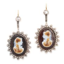 A PAIR OF ANTIQUE CAMEO AND DIAMOND DROP EARRINGS in yellow gold and silver, each set with a
