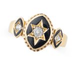 AN ANTIQUE DIAMOND AND ENAMEL RING in 15ct yellow gold, the oval face with central star motif set
