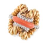 A VINTAGE CORAL AND DIAMOND RING, 1970S in 18ct yellow gold, designed as two interlocking links