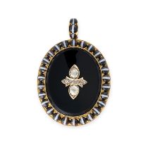 A FINE ANTIQUE VICTORIAN DIAMOND, ONYX AND BANDED AGATE MOURNING LOCKET PENDANT, CIRCA 1886 in