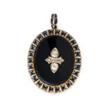 A FINE ANTIQUE VICTORIAN DIAMOND, ONYX AND BANDED AGATE MOURNING LOCKET PENDANT, CIRCA 1886 in