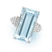 AN AQUAMARINE AND DIAMOND RING set with a step cut aquamarine of 9.10 carats accented by round cut