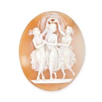 AN ANTIQUE SHELL CAMEO carved to depict the three graces, together with a pair of silver marcasite