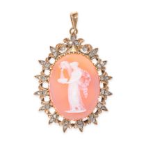 AN ANTIQUE DIAMOND AND CARNELIAN CAMEO PENDANT in yellow gold, set with a carved carnelian cameo