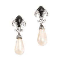 A PAIR OF EXCEPTIONAL ART DECO NATURAL PEARL, ONYX AND DIAMOND EARRINGS each set with a drop