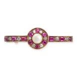 AN ANTIQUE RUBY, DIAMOND AND PEARL BAR BROOCH in yellow gold, set with a pearl of 4.9mm within a