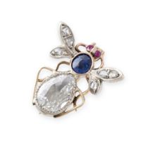 AN ANTIQUE SAPPHIRE, RUBY AND DIAMOND FLY BROOCH in yellow gold and silver, the abdomen set with a