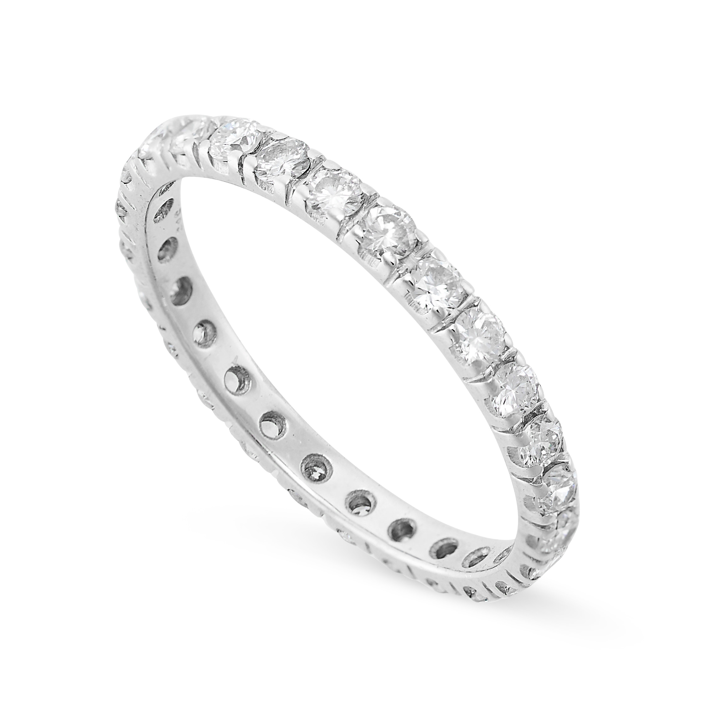 A DIAMOND ETERNITY RING in 14ct white gold, set all around with a single row of round brilliant