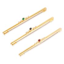 CARTIER, THREE VINTAGE RUBY, EMERALD, SAPPHIRE AND DIAMOND BAR BROOCHES in 18ct yellow gold, each