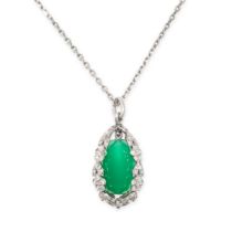 A CHALCEDONY AND DIAMOND EGG PENDANT NECKLACE comprising an egg shaped polished green chalcedony