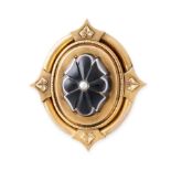 AN ANTIQUE BANDED AGATE AND PEARL LOCKET BROOCH, 19TH CENTURY in yellow gold, the oval body accented