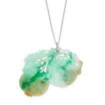 A JADEITE JADE AND DIAMOND PENDANT AND CHAIN in platinum, formed of a single piece of jadeite carved