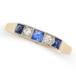 A SAPPHIRE AND DIAMOND RING in yellow gold, set with a row of alternating French cut sapphires and