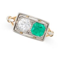 AN ART DECO EMERALD AND DIAMOND RING in yellow gold and platinum, set with a step cut emerald of 0.