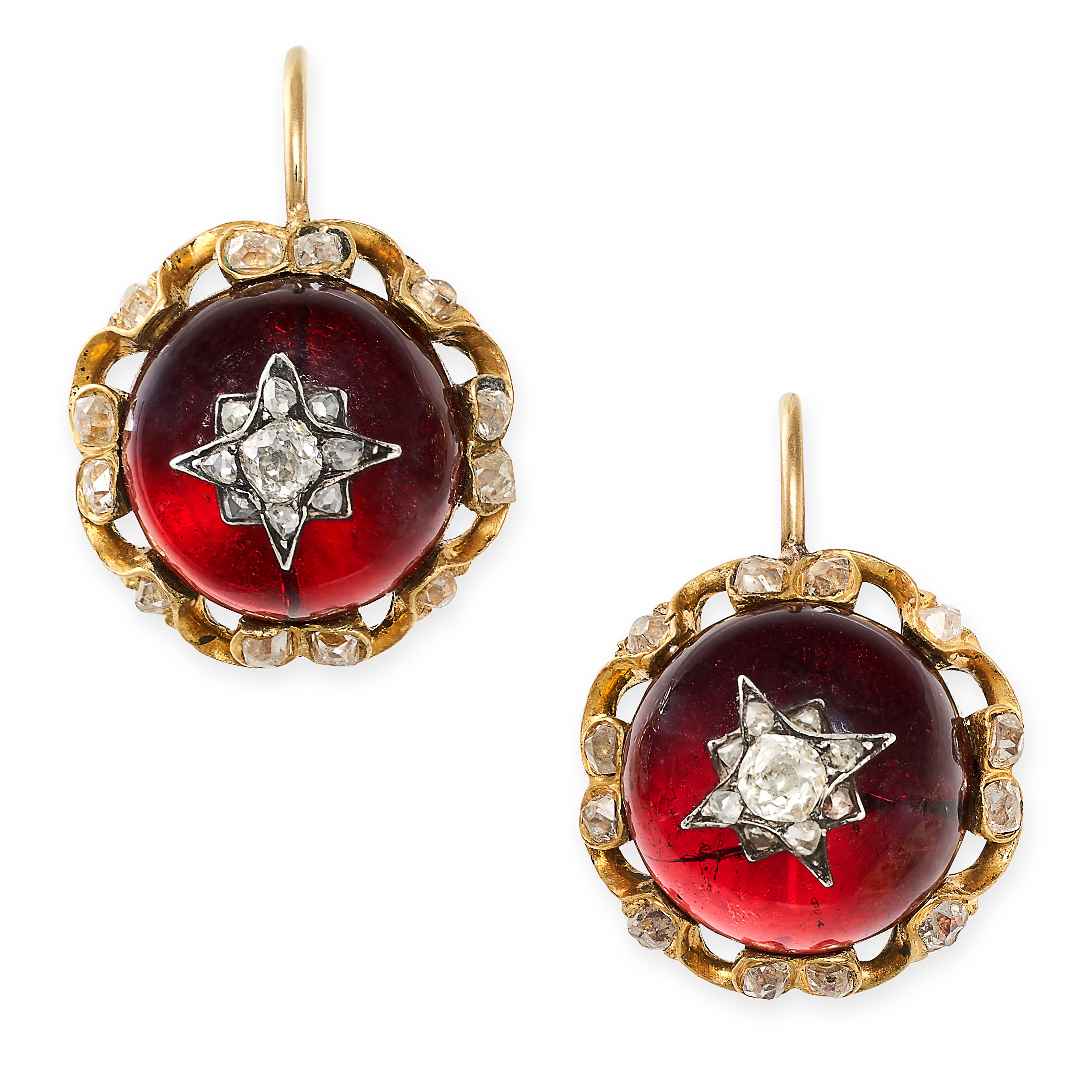 A PAIR OF ANTIQUE GARNET AND DIAMOND EARRINGS, 19TH CENTURY in yellow gold and silver, each set with
