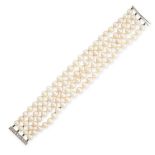 A PEARL AND DIAMOND BRACELET in 18ct white gold, comprising of four rows of pearls, the clasp set