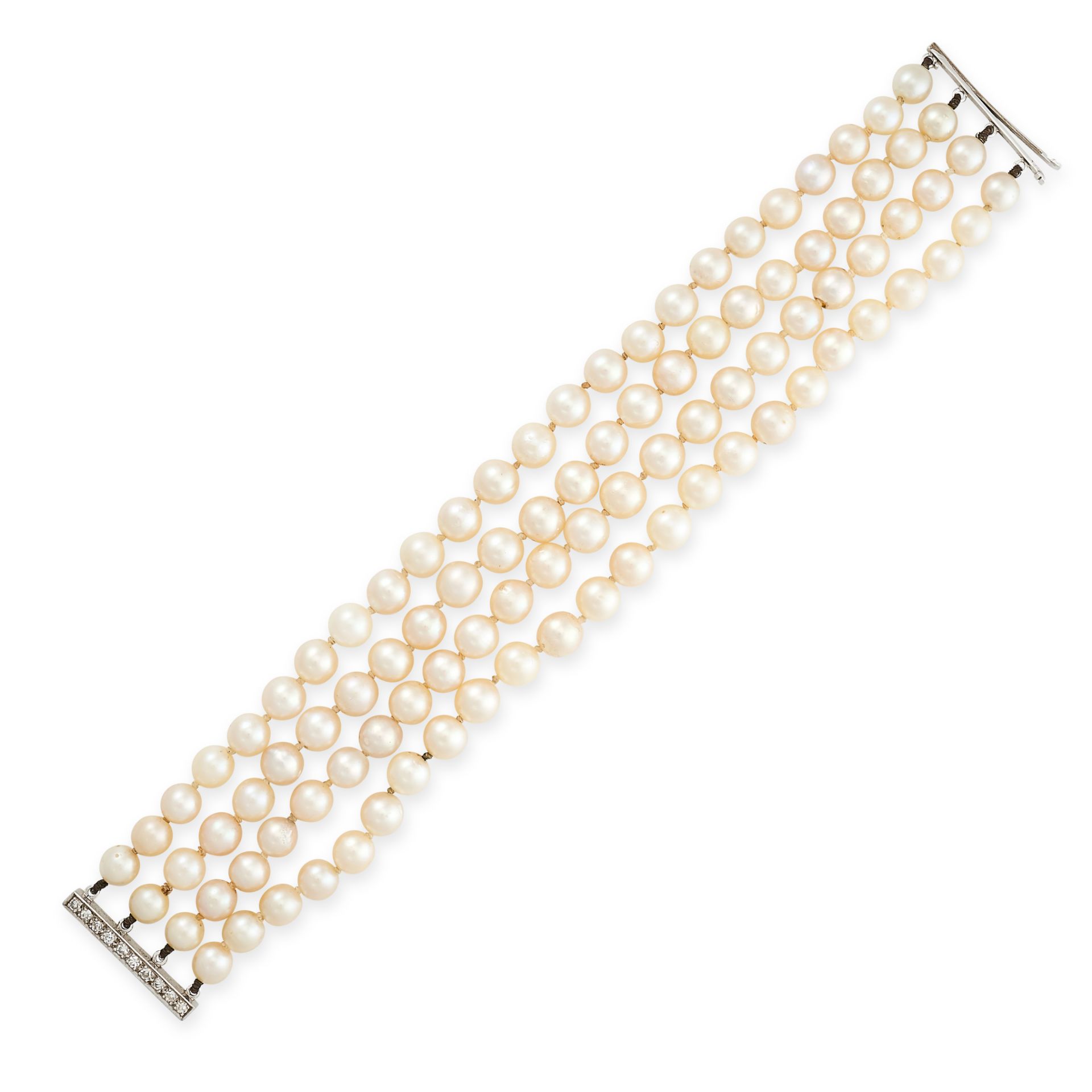 A PEARL AND DIAMOND BRACELET in 18ct white gold, comprising of four rows of pearls, the clasp set