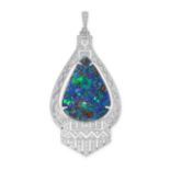 A BLACK OPAL AND DIAMOND PENDANT in 18ct white gold, set with a central pear cabochon black opal