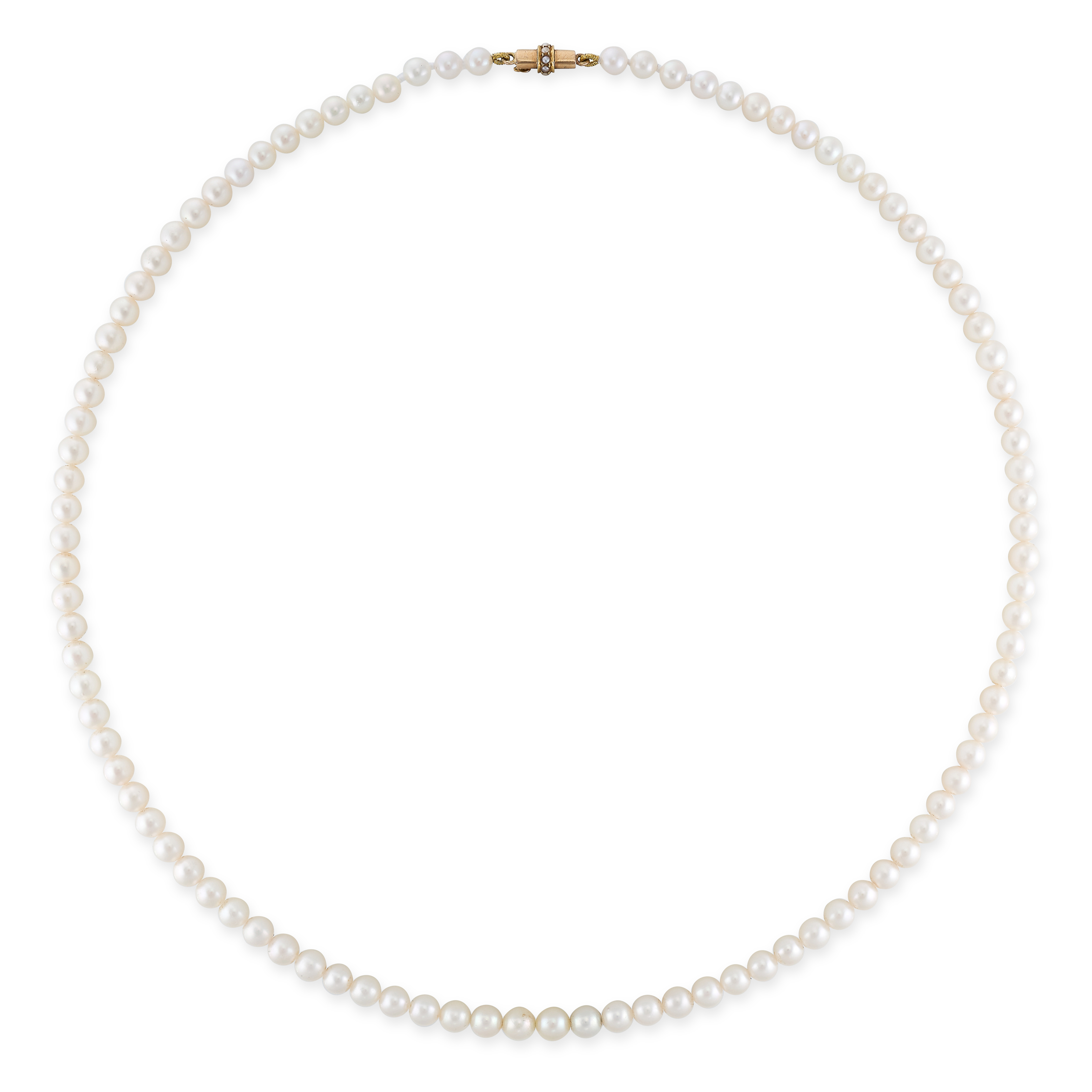 A PEARL NECKLACE in yellow gold, comprising a single row of sixty-seven graduated pearls ranging 4.