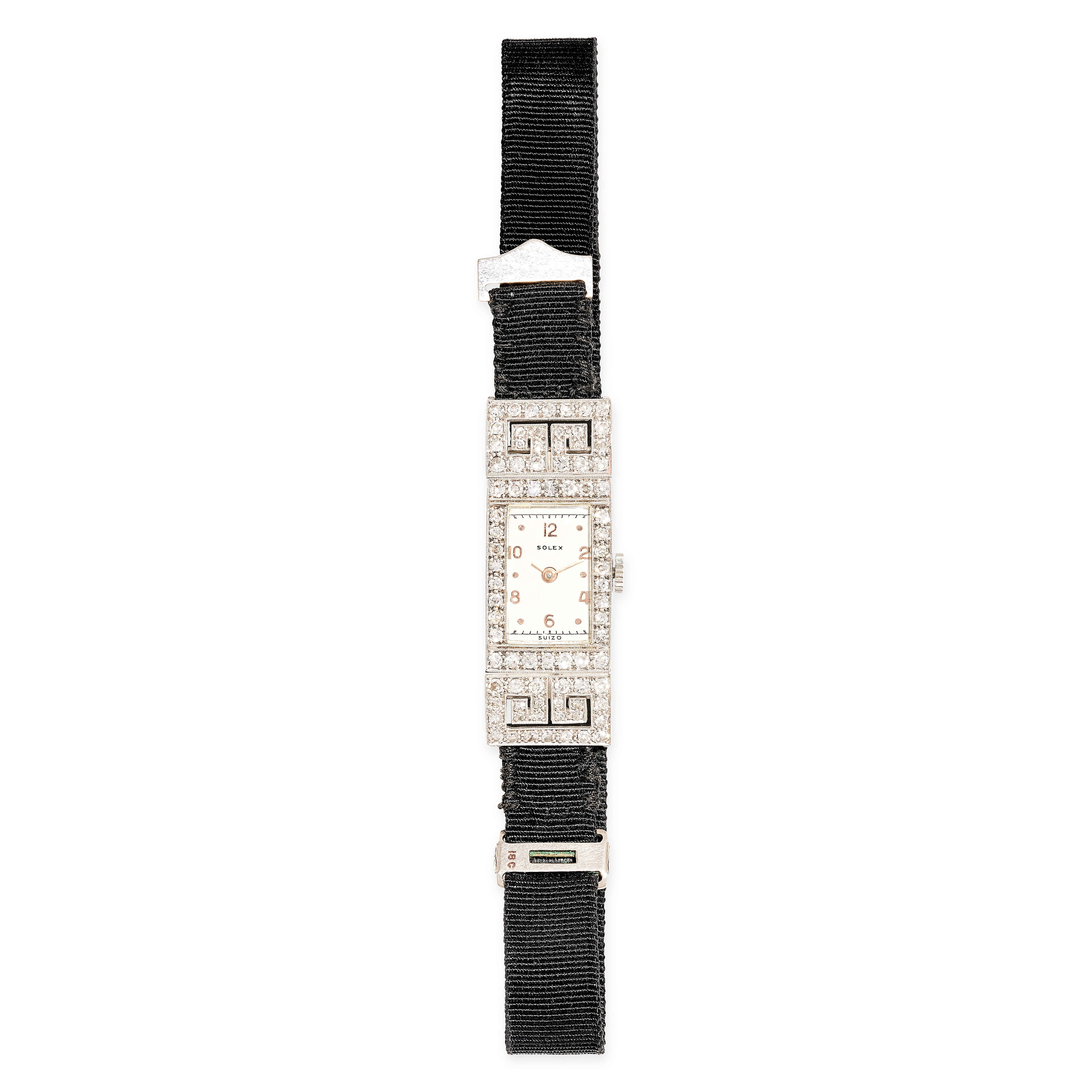 AN ART DECO LADIES DIAMOND COCKTAIL WATCH in platinum and 18ct white gold, the rectangular face