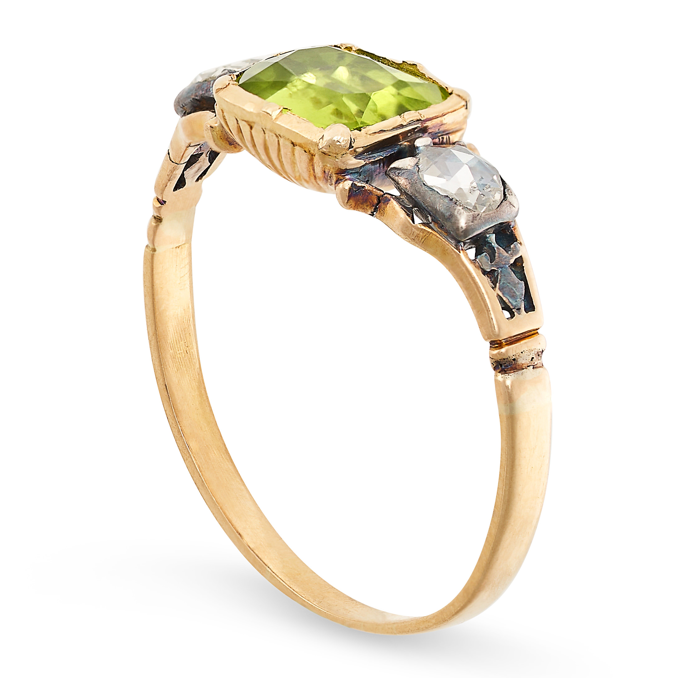 AN ANTIQUE PERIDOT AND DIAMOND RING in yellow gold and silver, set with a cushion cut peridot - Image 2 of 2