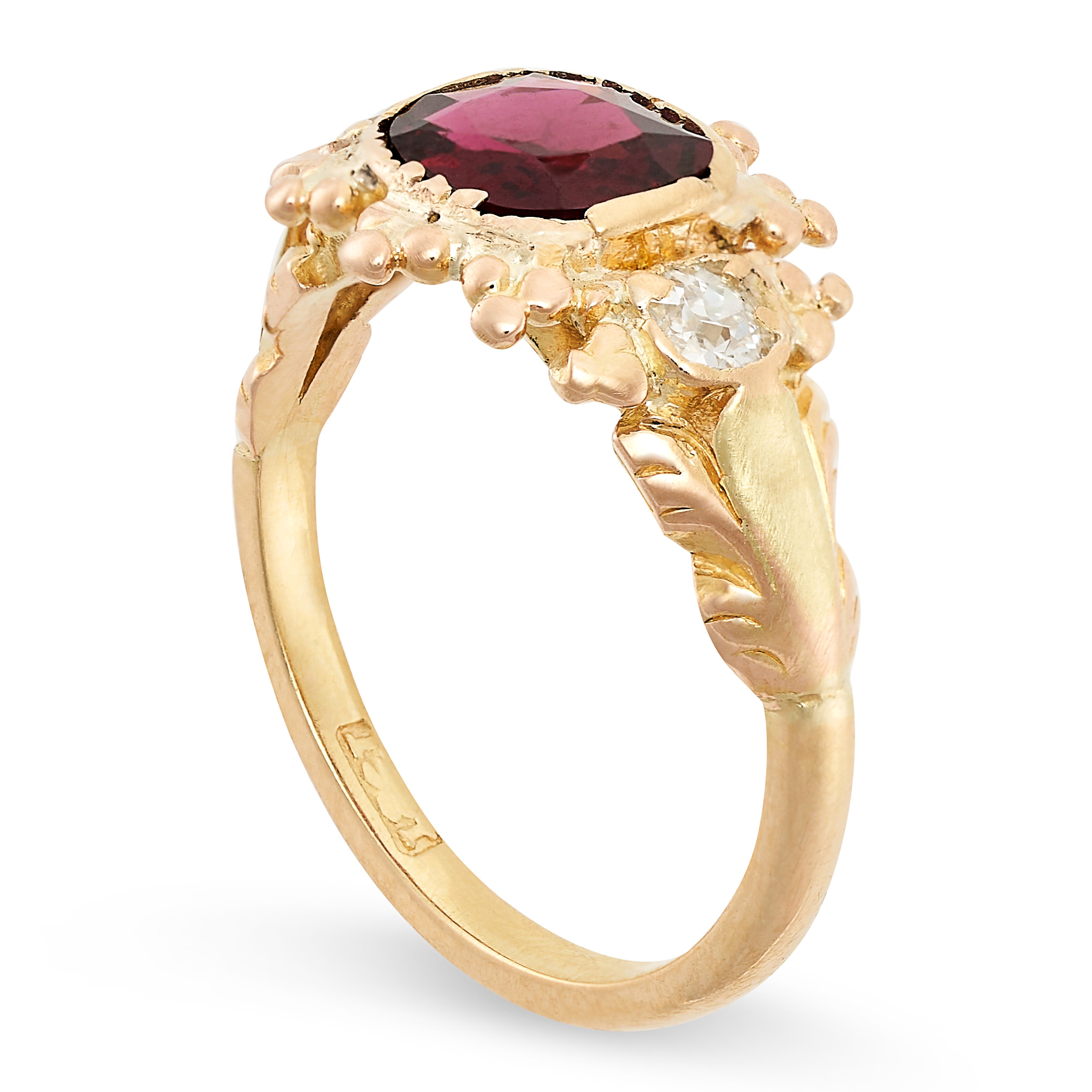 A GARNET AND DIAMOND RING in 15ct yellow gold, set with a cushion cut garnet between two old cut - Image 2 of 2