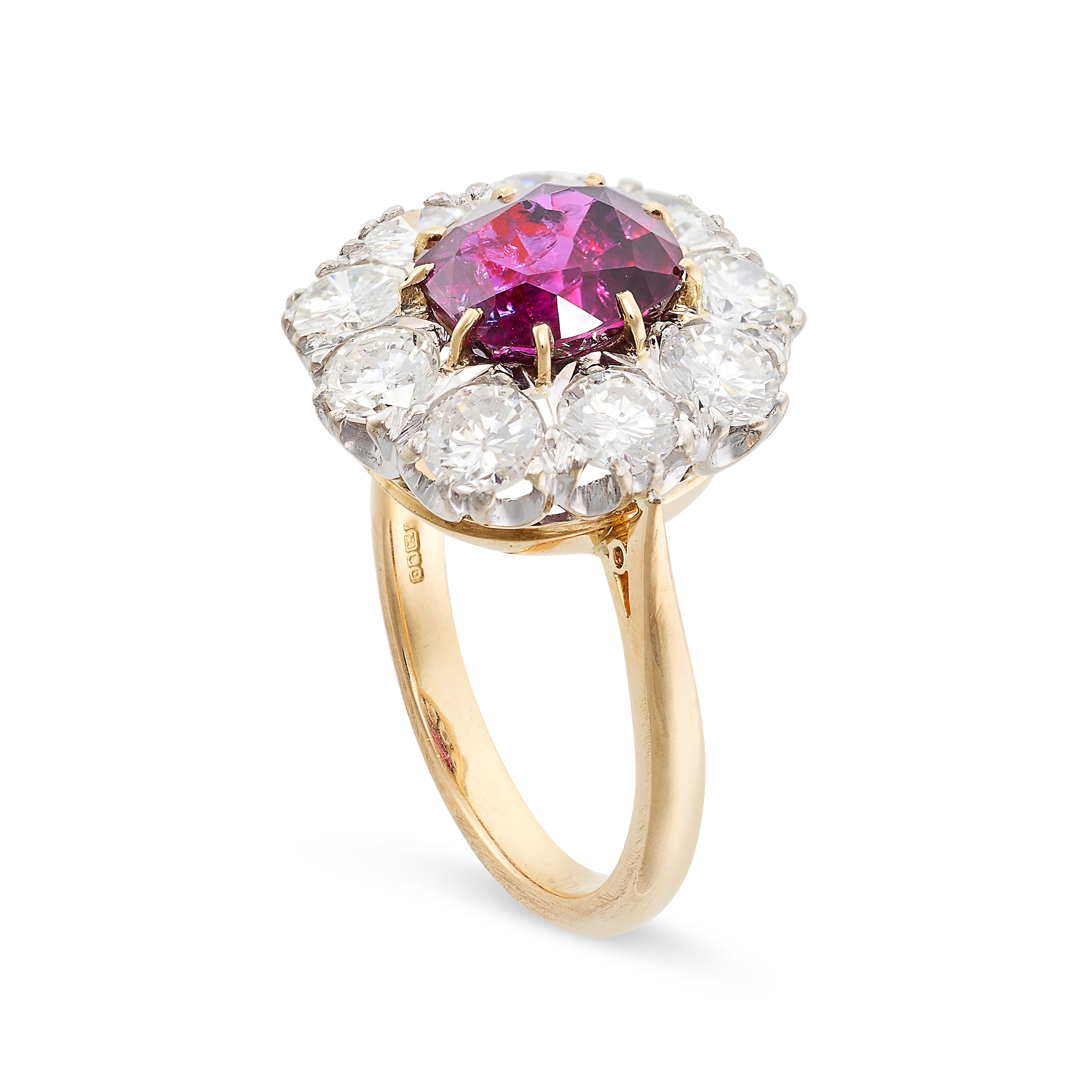 A RUBY AND DIAMOND CLUSTER RING in 18ct yellow gold, set with a cushion ruby of 3.27 carats within a - Image 2 of 2