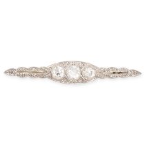 A DIAMOND BAR BROOCH in 18ct white gold and platinum, set with a trio of principal old cut