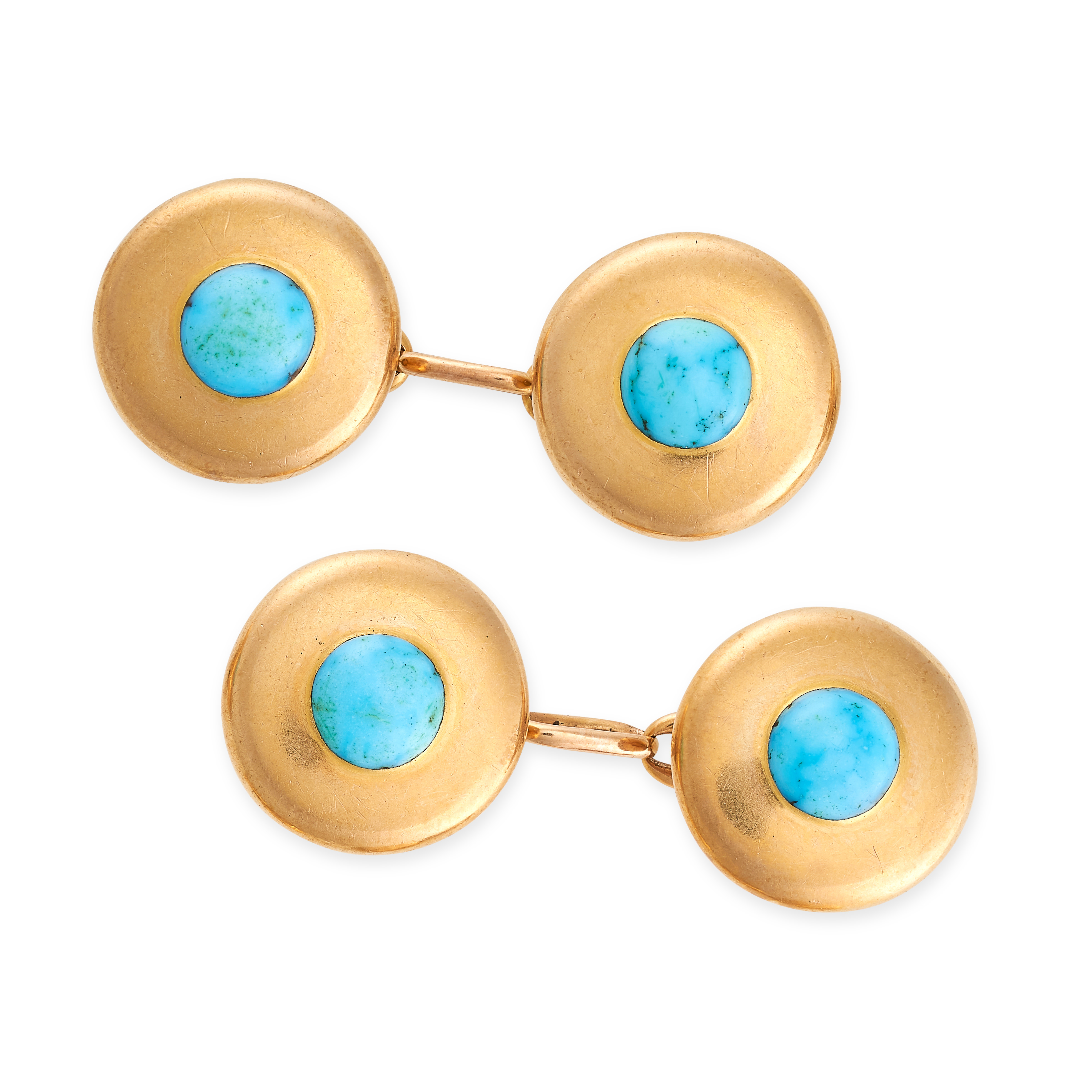 A PAIR OF ANTIQUE TURQUOISE CUFFLINKS in yellow gold, comprising four circular links each set with a