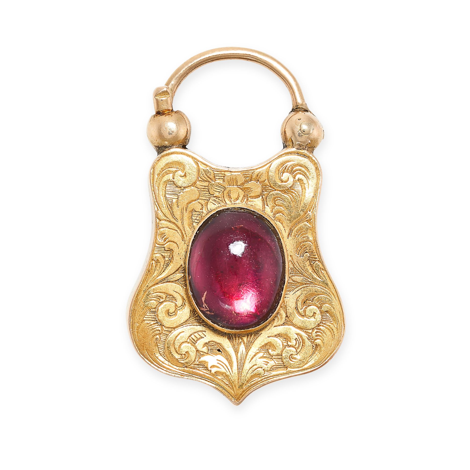 AN ANTIQUE MOURNING LOCKET SHIELD CLASP in high carat yellow gold, set with a foiled glass cabochon,