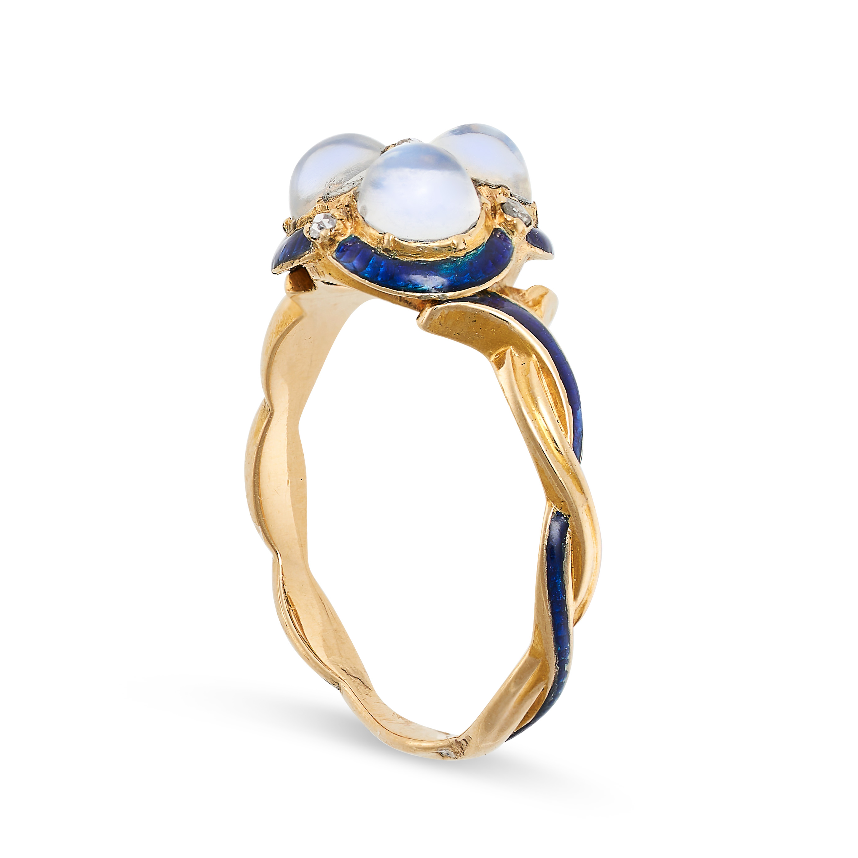 AN ANTIQUE MOONSTONE, ENAMEL AND DIAMOND RING in yellow gold, set with three cabochon moonstones - Image 2 of 2