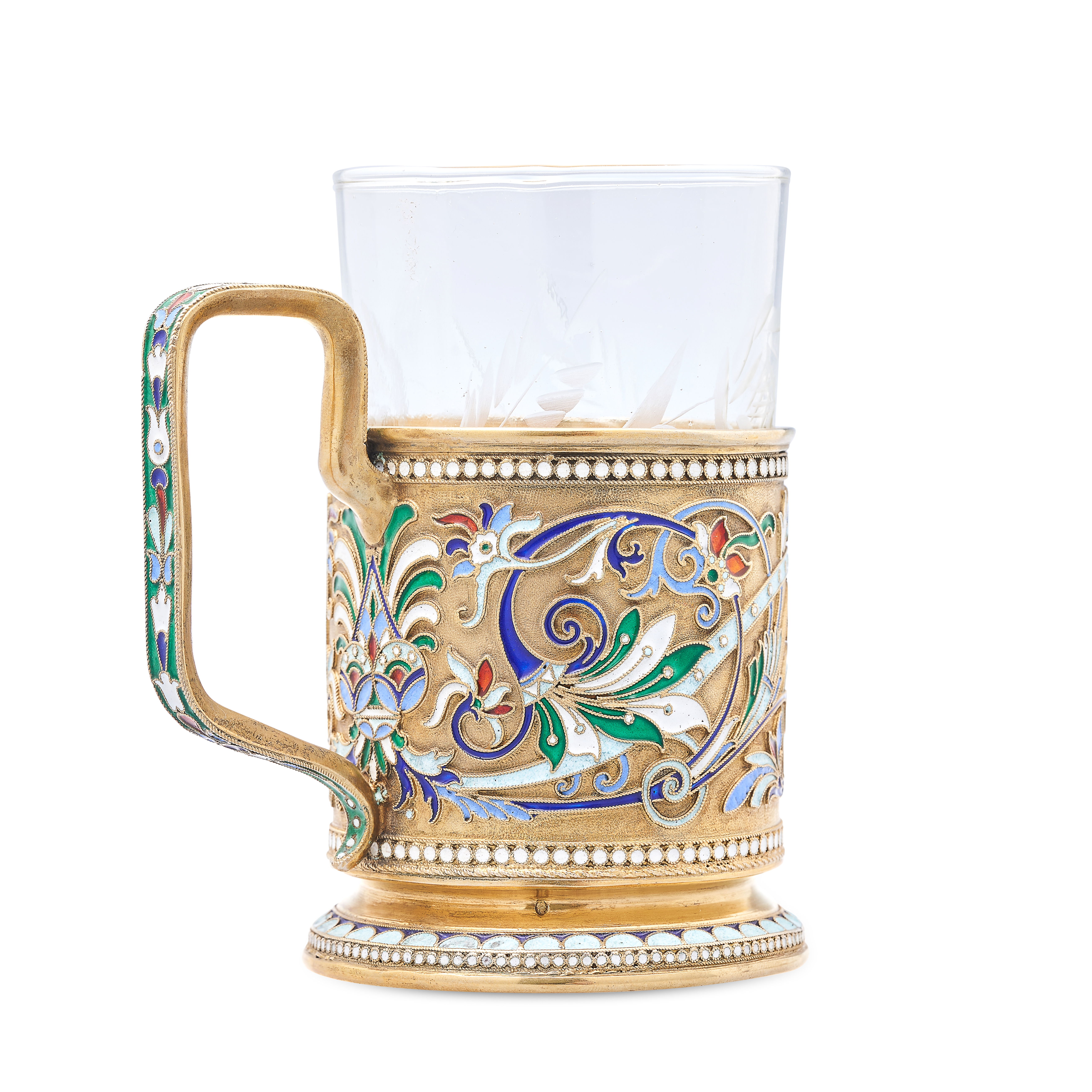 AN ANTIQUE IMPERIAL RUSSIAN ENAMEL PODSTAKANNIK / TEA GLASS HOLDER, VASILY AGAFONOV, MOSCOW 1908-